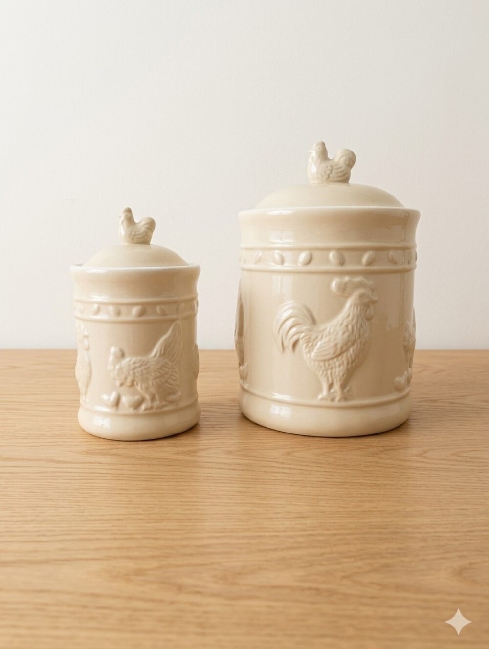 Vintage Farmhouse Ceramic Canisters Set of 2 | Embossed Rooster Hen